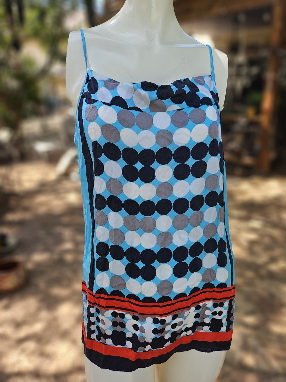 CAbi 100% Silk Blue Polka Dot Spaghetti Strap Camisole Red Trim Top M